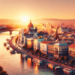 En panoramisk utsikt av Budapest med fokus på de historiske bygningene ved solnedgang, inkludert en visuell representasjon av helse og velvære.