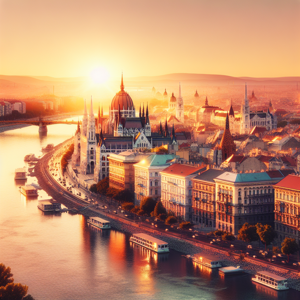 En panoramisk utsikt av Budapest med fokus på de historiske bygningene ved solnedgang, inkludert en visuell representasjon av helse og velvære.