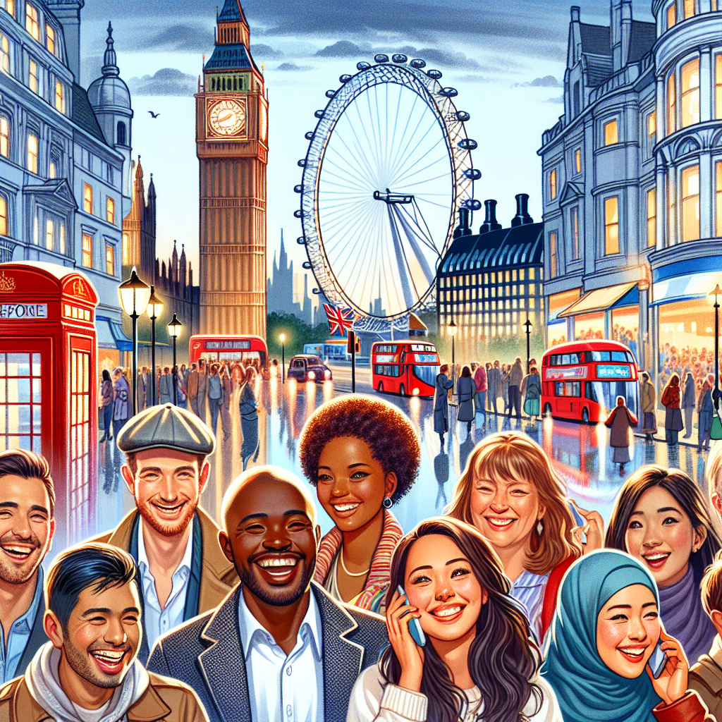 Livlige gater i London med utsikt over Big Ben og London Eye, mennesker som smiler og nyter byens atmosfære