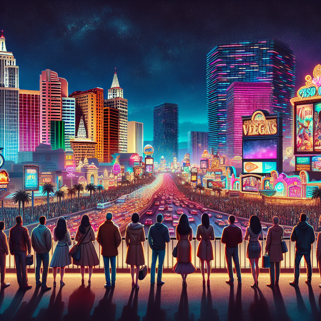 En blendende nattutsikt over Las Vegas Strip, med lysende neonskilt og pulserende kasinoer