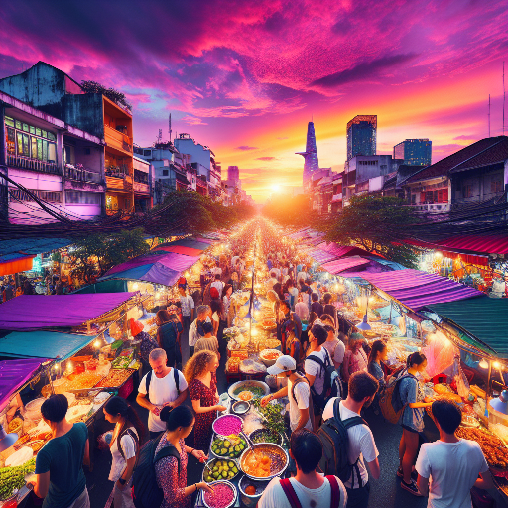 A stunning sunset over a bustling street market in Saigon, with backpackers exploring diverse food stalls.