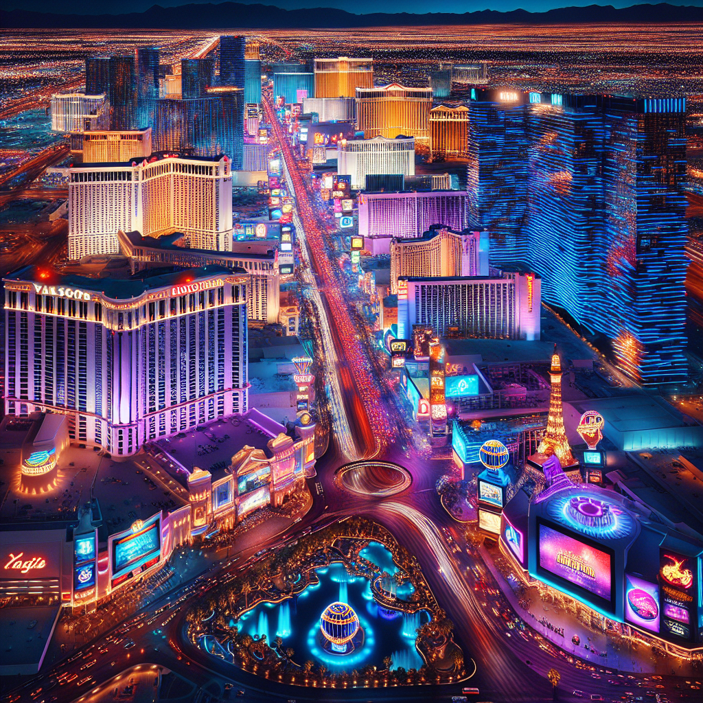 A vibrant and exciting night skyline of Las Vegas with iconic landmarks, capturing the city's thrilling vibe.