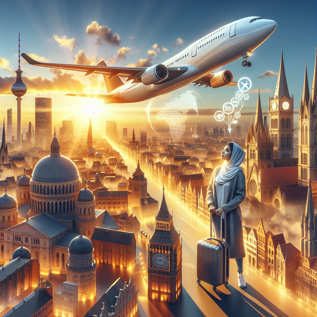 Moderne fly over et europeisk bylandskap ved soloppgang, varierte landemerker, kartikon og reisende med koffert, lyst og inspirerende