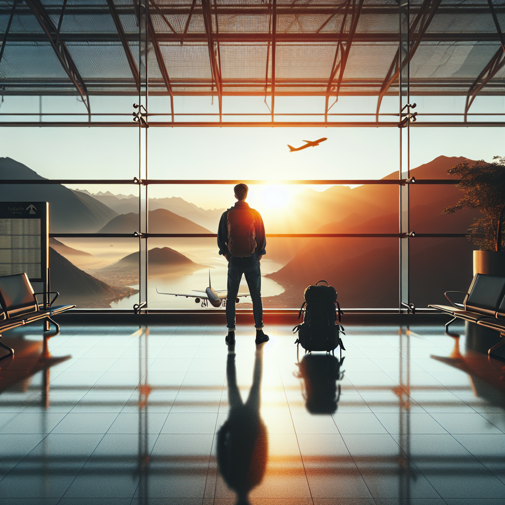 En moderne backpacker på flyplass foran vindu med ryggsekk, verden utenfor, soloppgang, minimalistisk og inspirerende foto