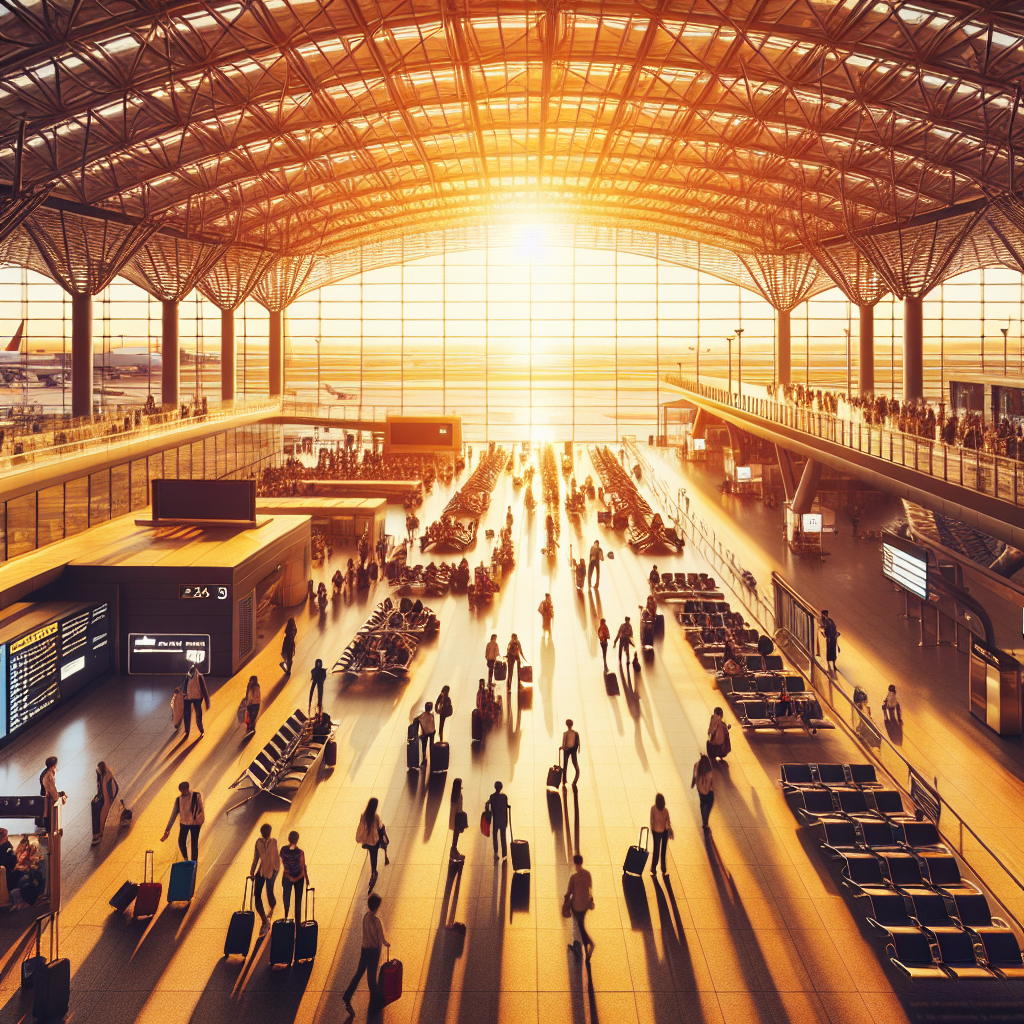 Oversiktsbilde av en moderne flyplassterminal i gyllen solnedgang, reisende med koffert, boardinggate og en atmosfære av forventning og inspirasjon