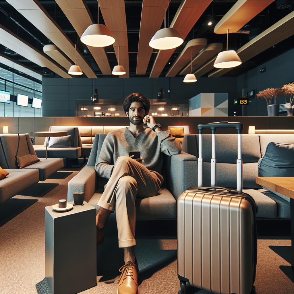 Moderne reise: en avslappet reisende ved en flyplasslounge med koffert, laptop og smartphone, myk naturlig belysning, nordisk stil